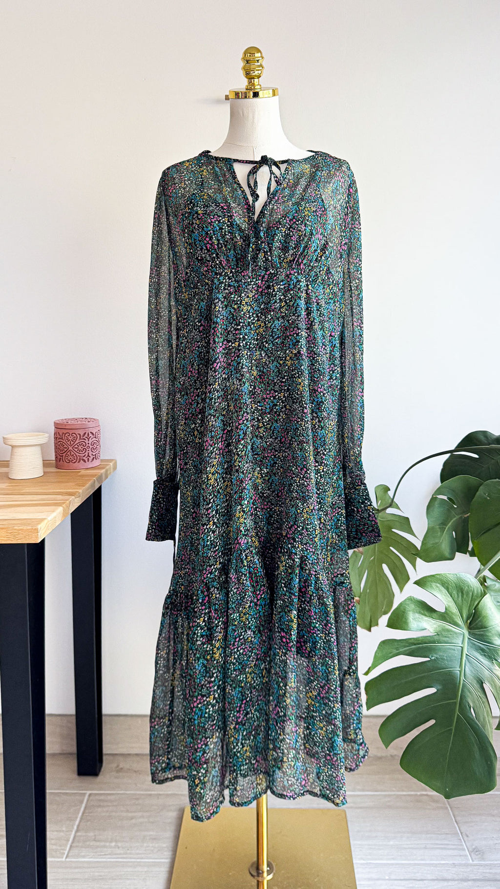 Robe Topshop longue fleurs T36 voile doublée manches