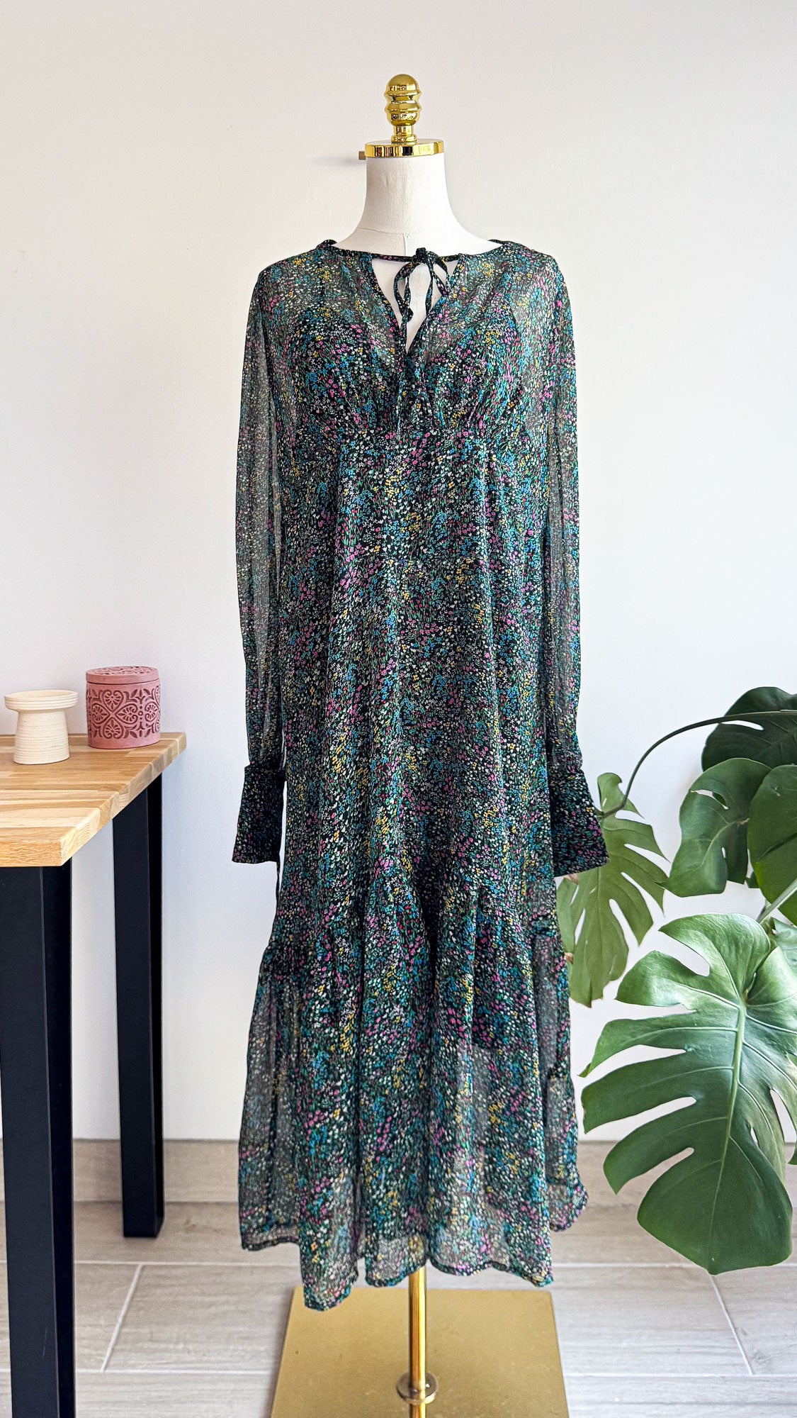 Robe Topshop longue fleurs T36 voile doublée manches