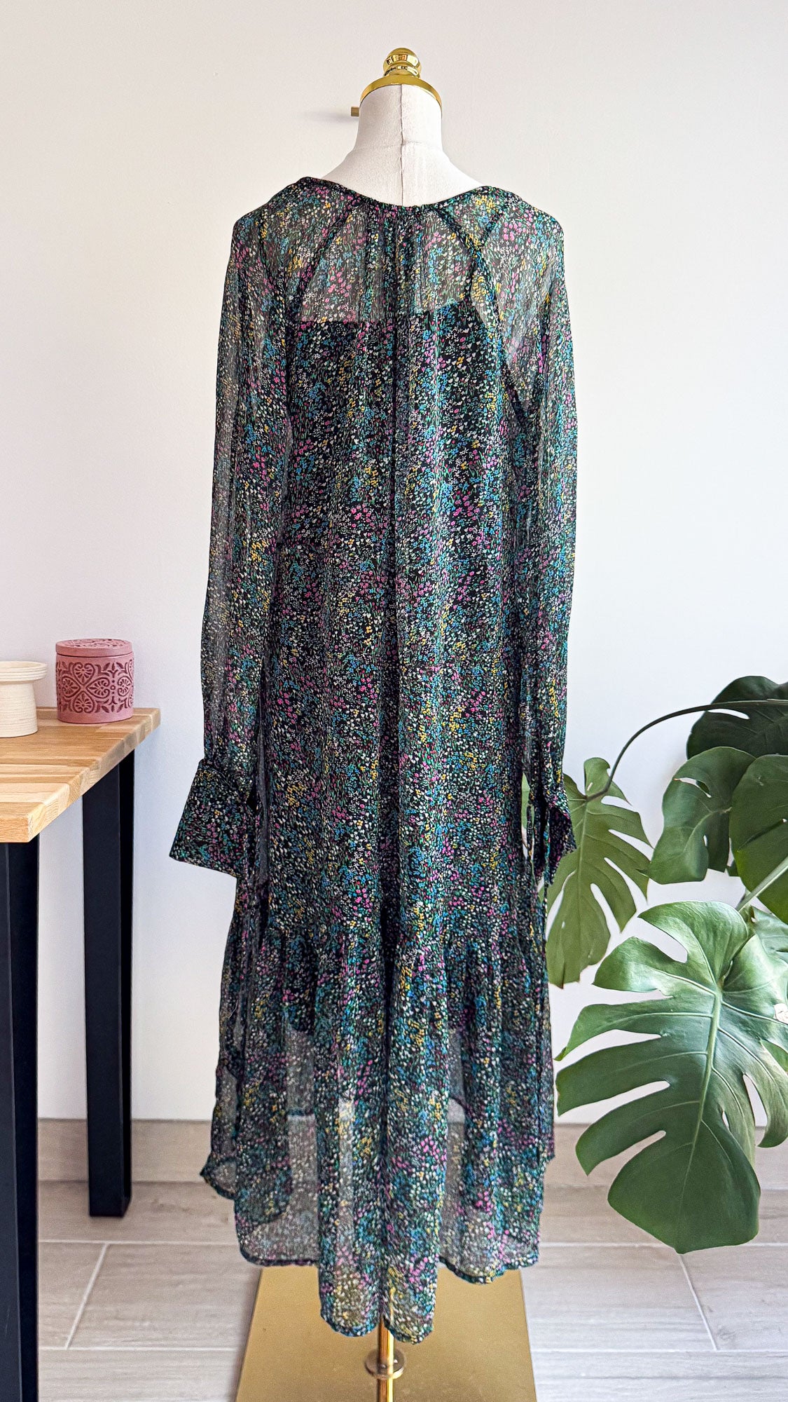 Robe Topshop longue fleurs T36 voile doublée manches
