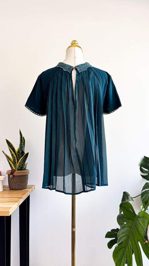 Blouse Grace & Mila bleu canard dentelle dos plissé transparente taille M