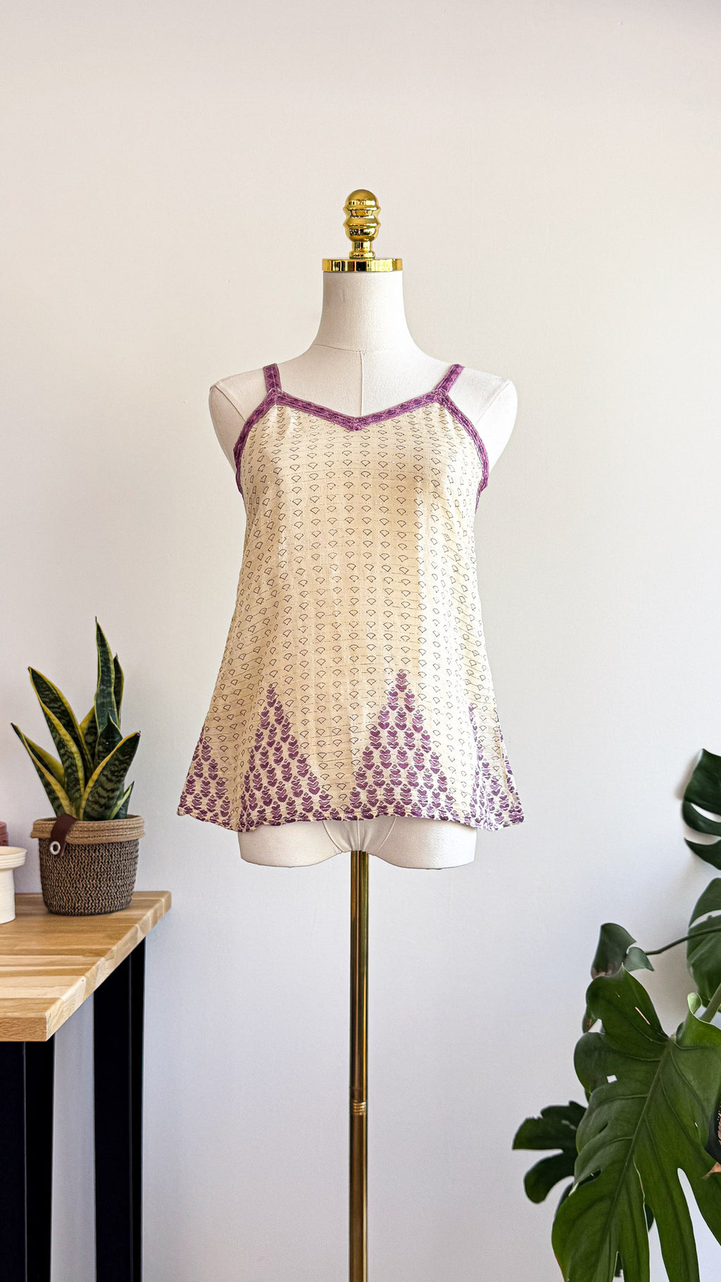 Débardeur coton indien beige et violet bohème taille S