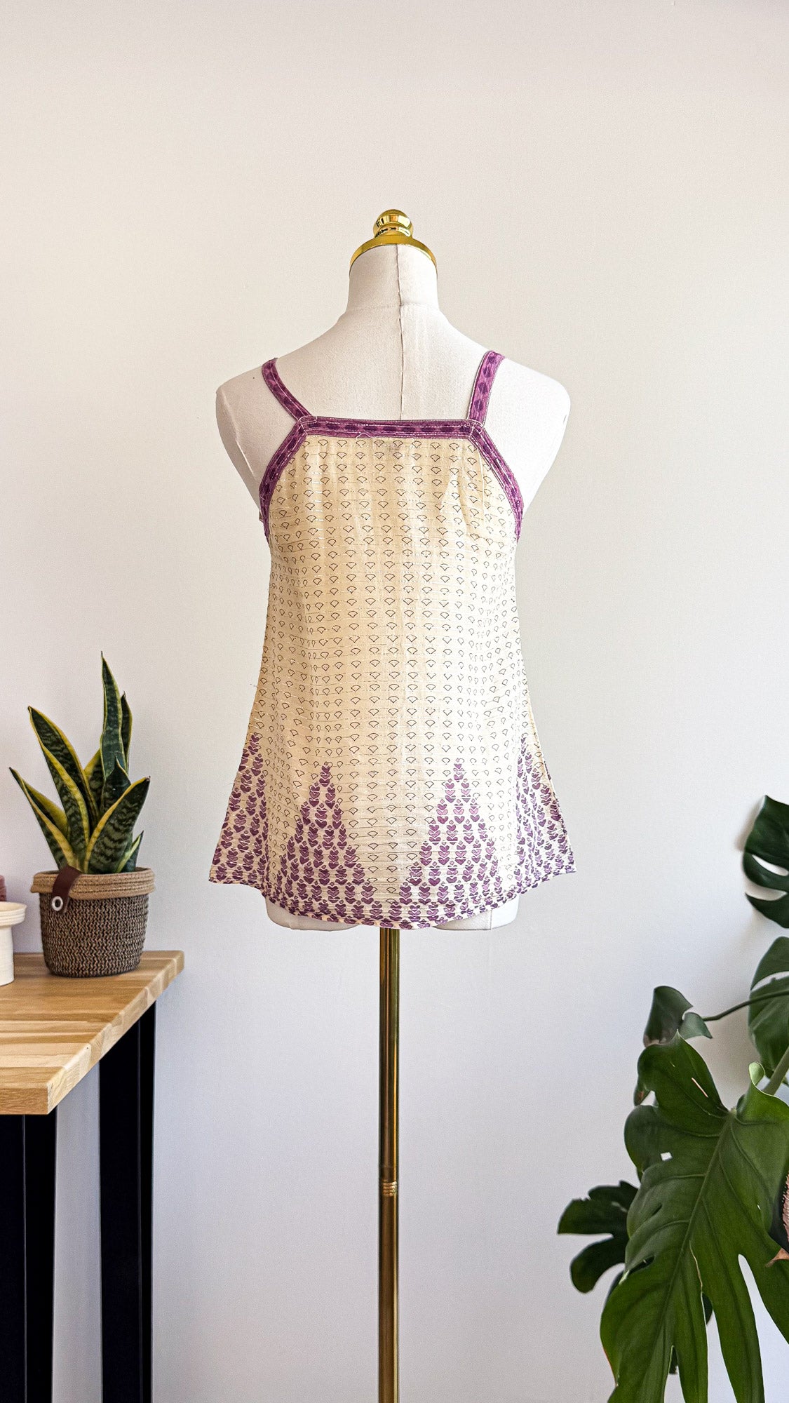 Débardeur coton indien beige et violet bohème taille S