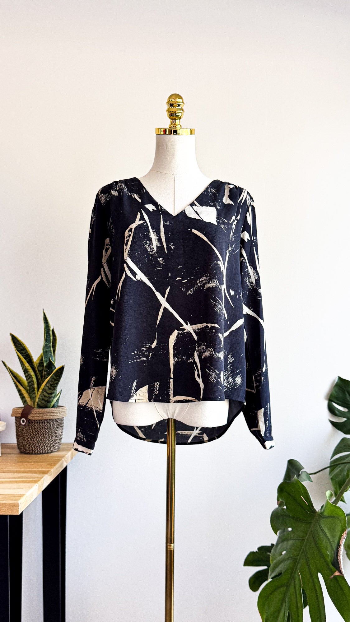 Blouse ICHI noire imprimée écru taille M manches longues