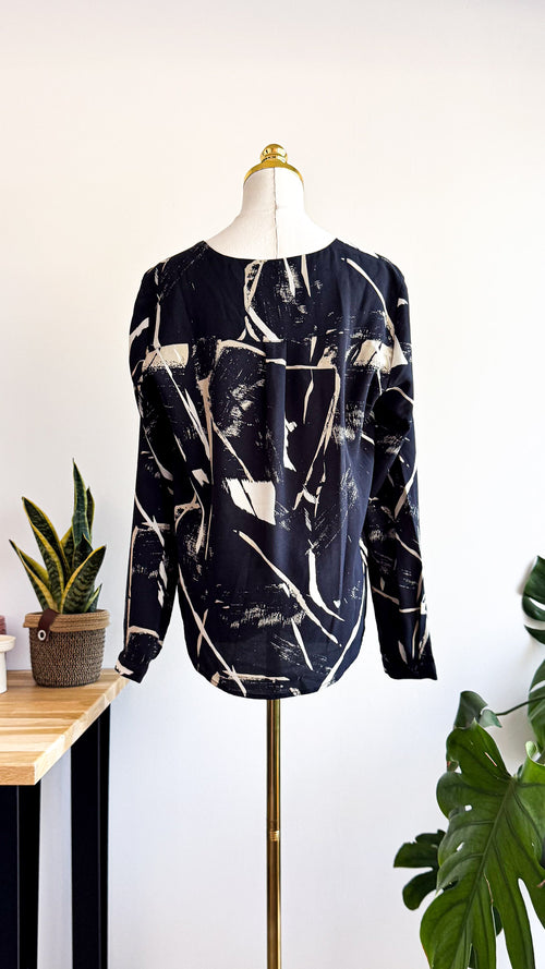 Blouse ICHI noire imprimée écru taille M manches longues