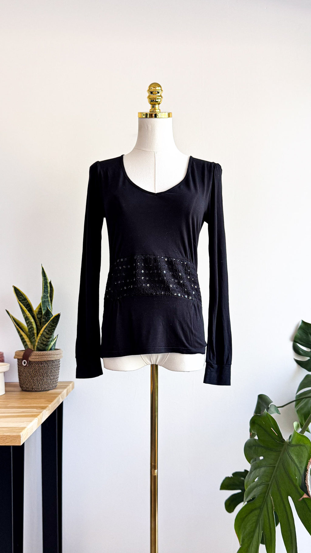 Haut noir Caroll femme modal soie sequins manches longues taille 36