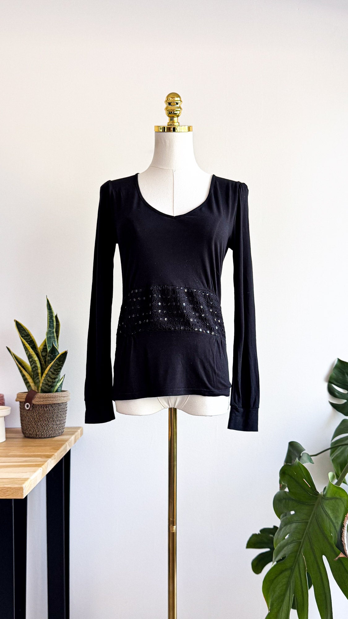 Haut noir Caroll femme modal soie sequins manches longues taille 36