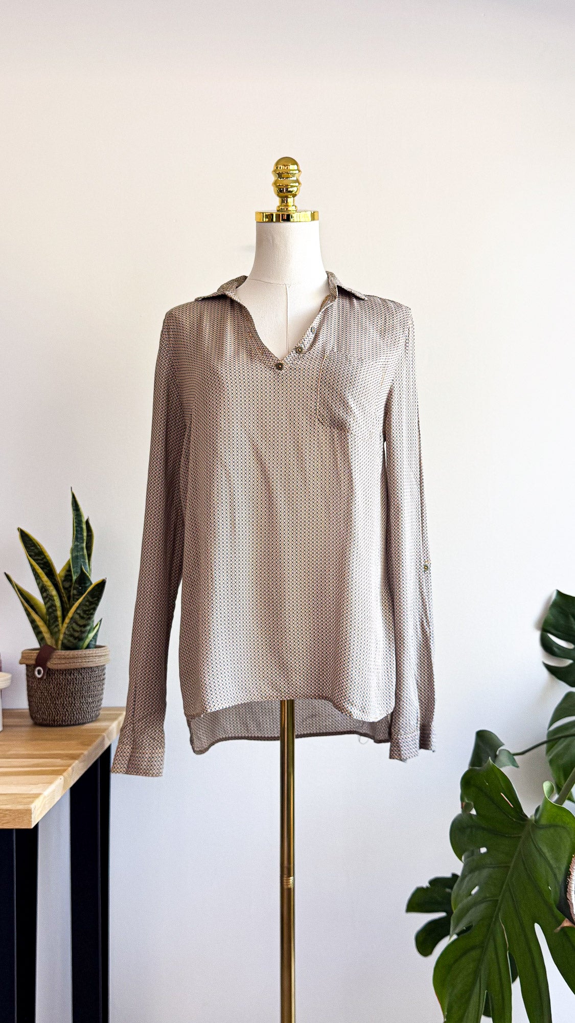 Blouse Bonobo femme imprimé graphique beige bleu manches longues taille M