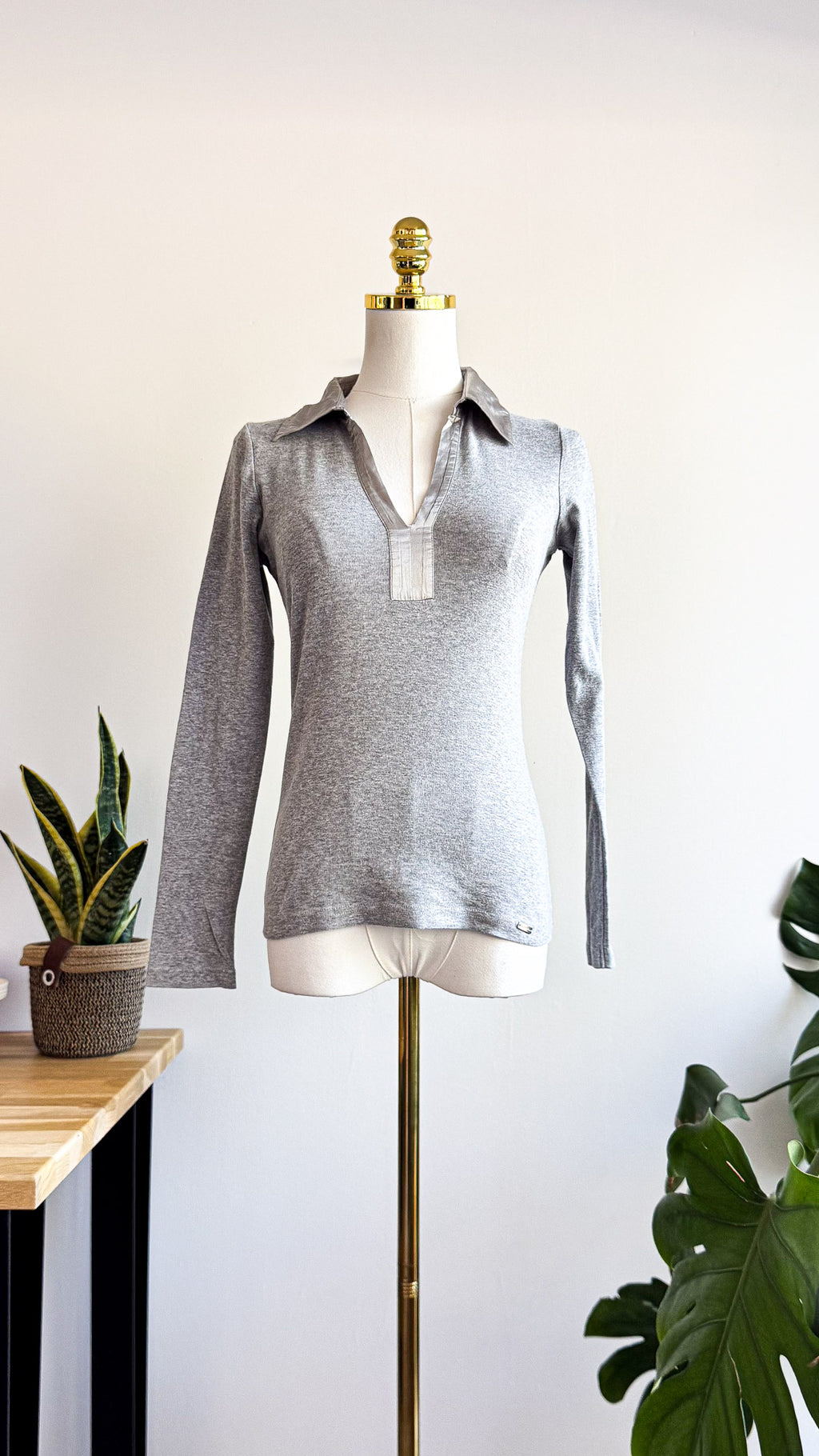 Haut polo Esprit gris col satiné manches longues taille S
