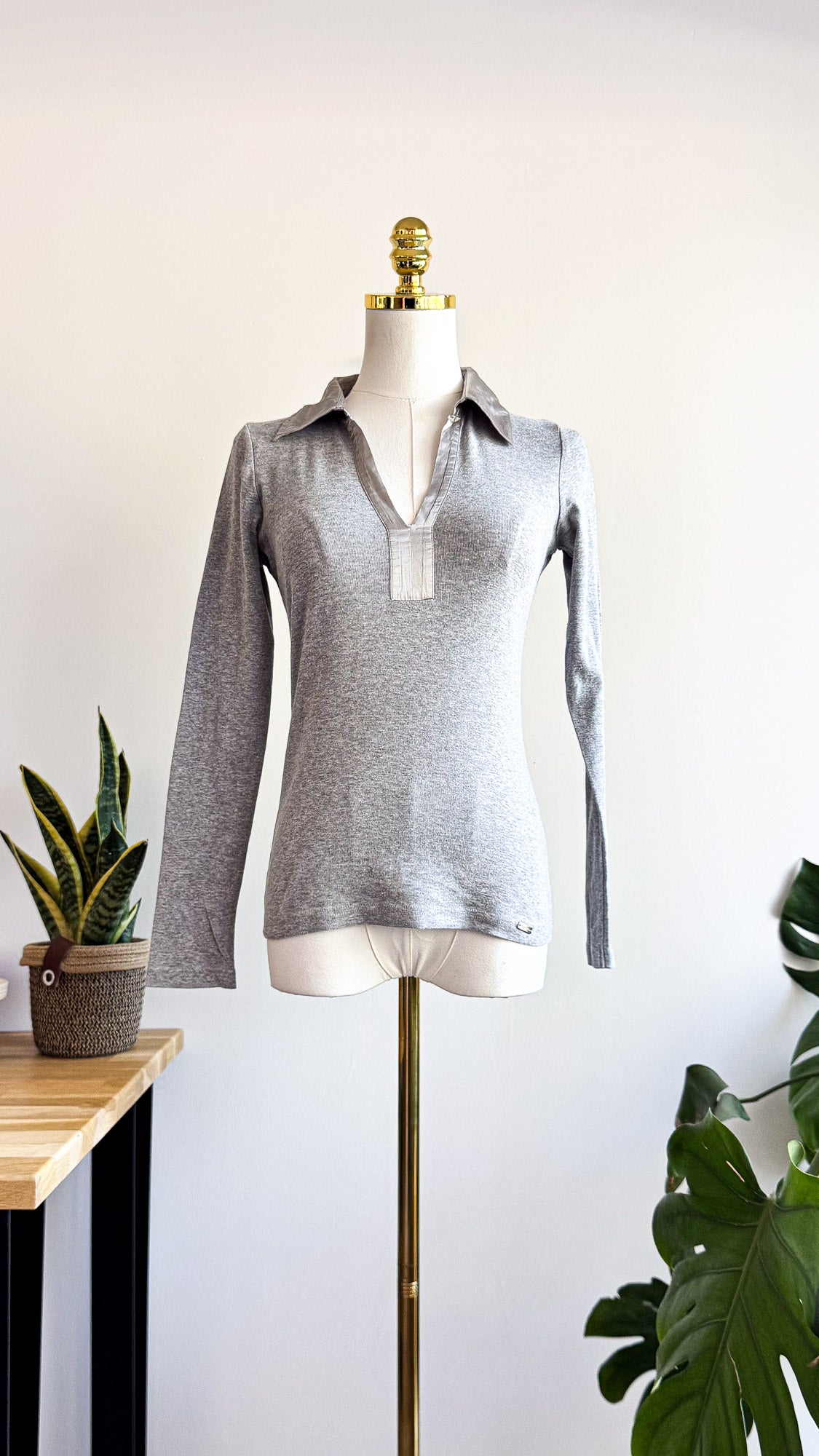 Haut polo Esprit gris col satiné manches longues taille S