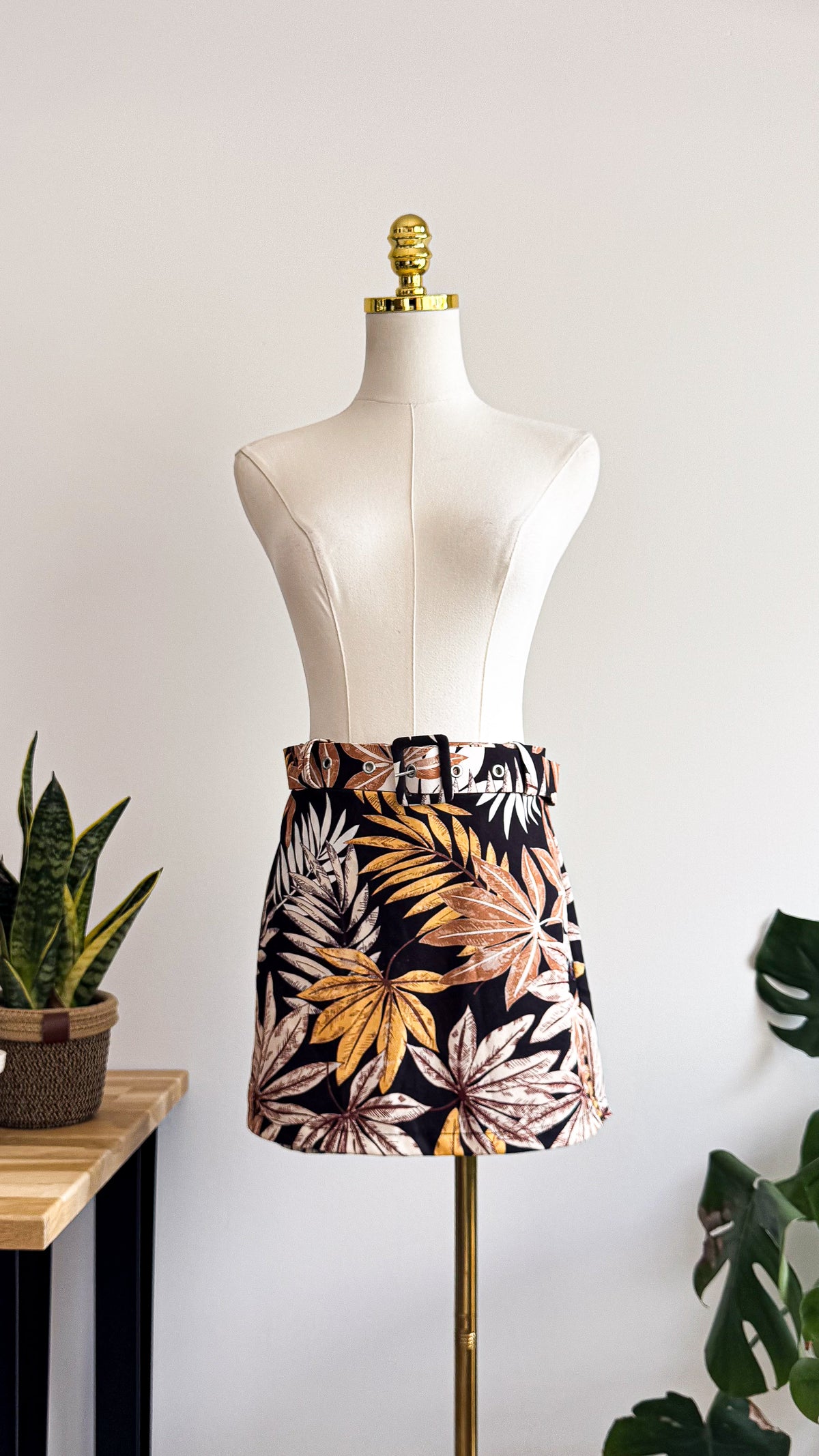 Short jupe imprimé tropical marron ceinture S