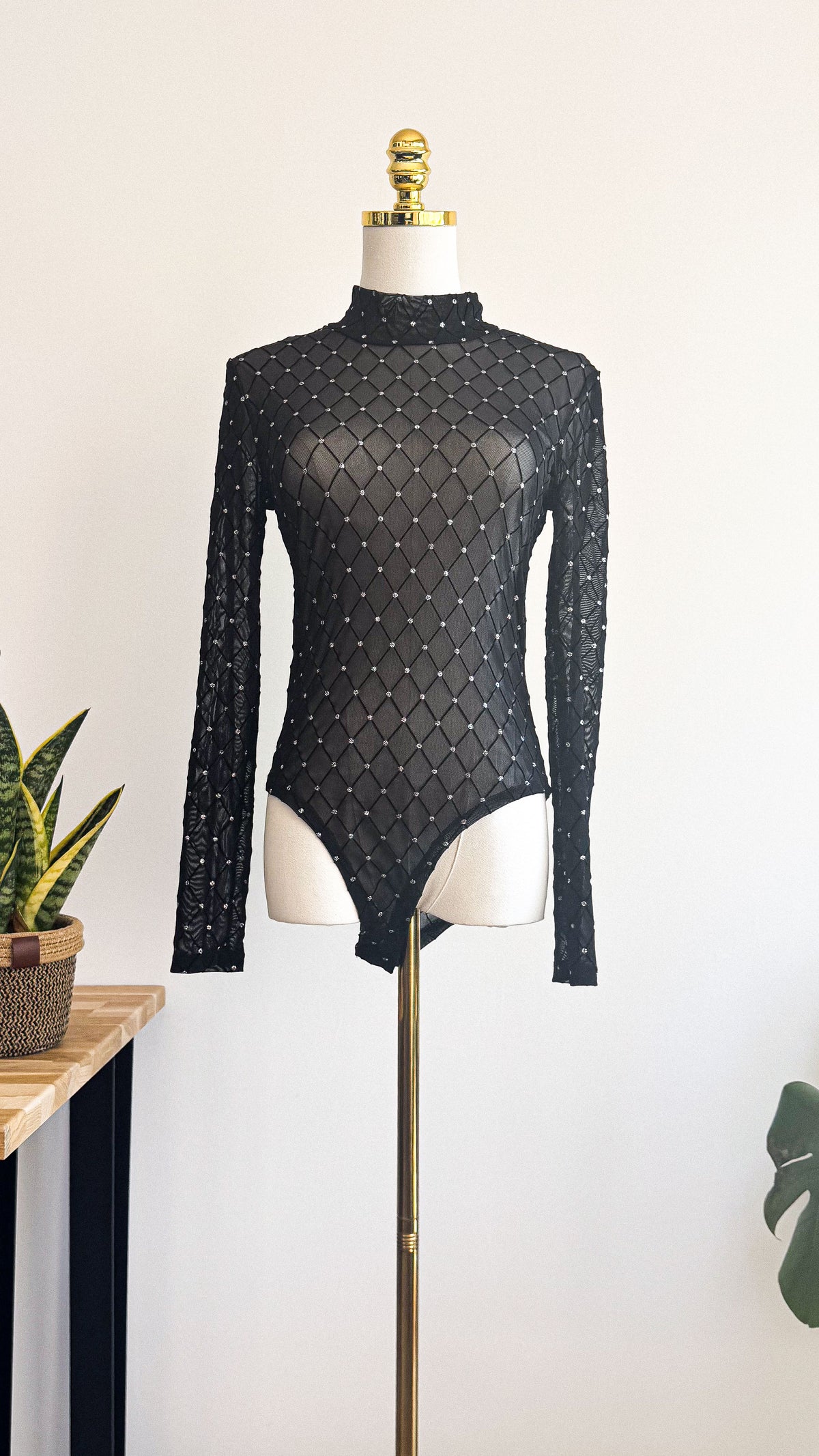Body noir transparent strass manches longues col montant soirée taille M