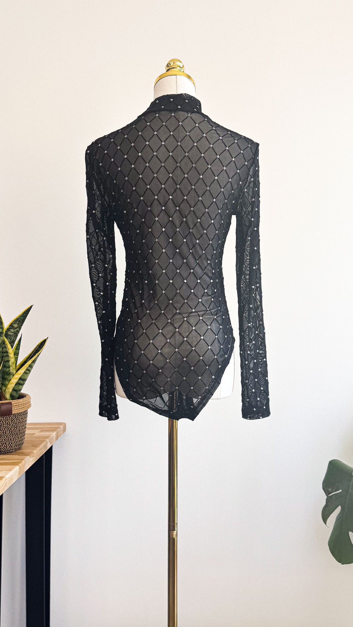 Body noir transparent strass manches longues col montant soirée taille M