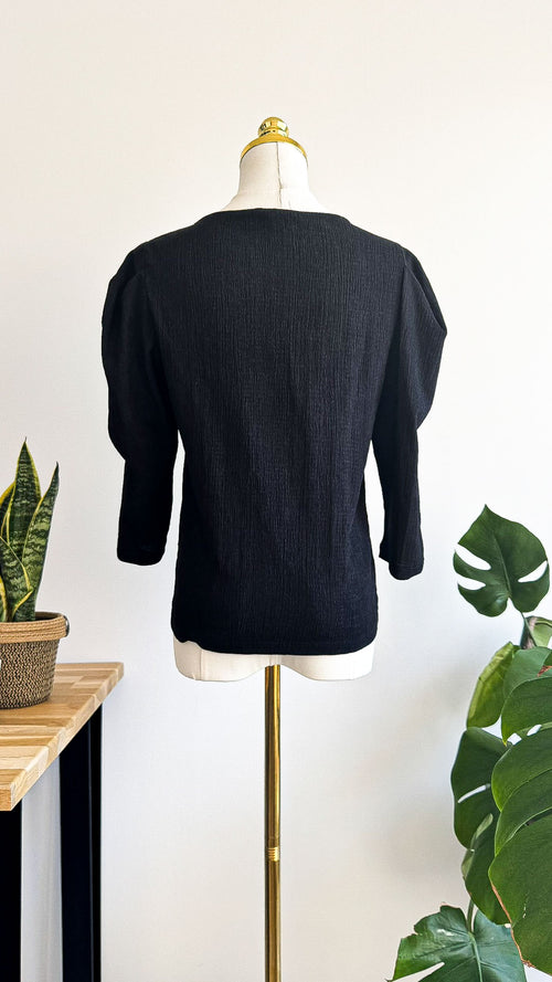 Blouse Mango noire texturée manches 3/4 bouffantes taille S