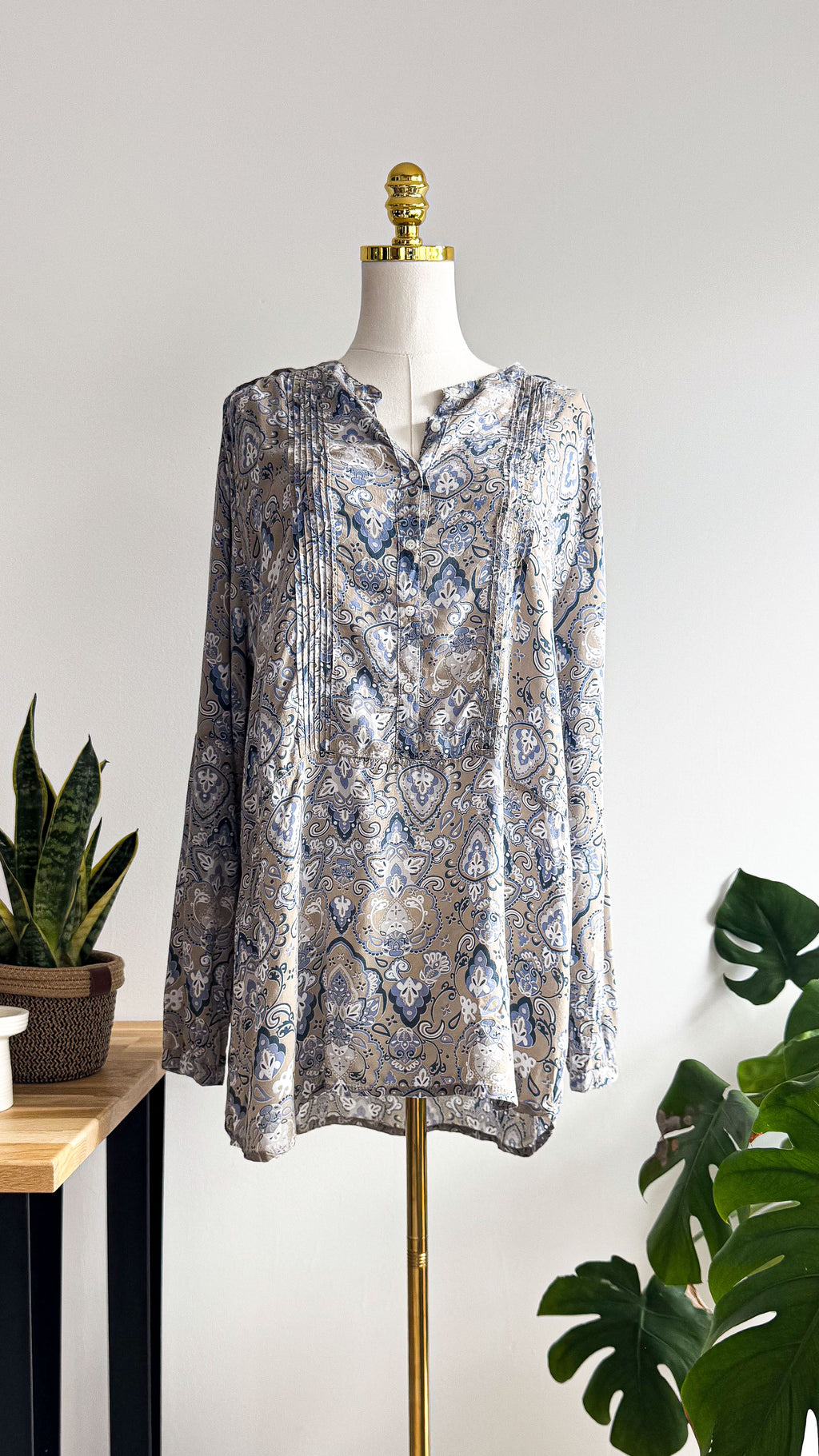 Blouse grande taille PlusWomanTex imprimé bohème beige bleu fluide manches longues XL