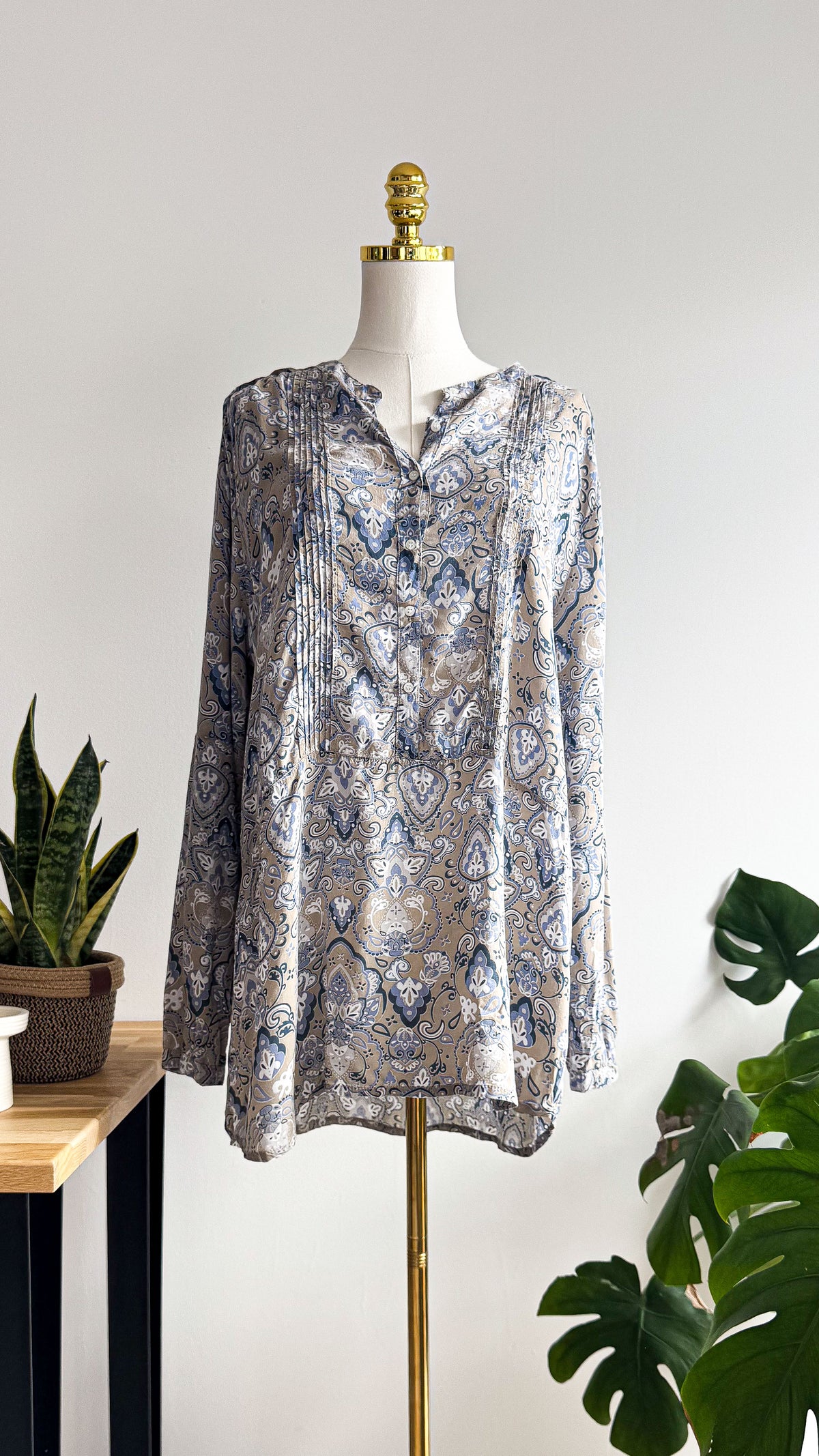 Blouse grande taille PlusWomanTex imprimé bohème beige bleu fluide manches longues XL