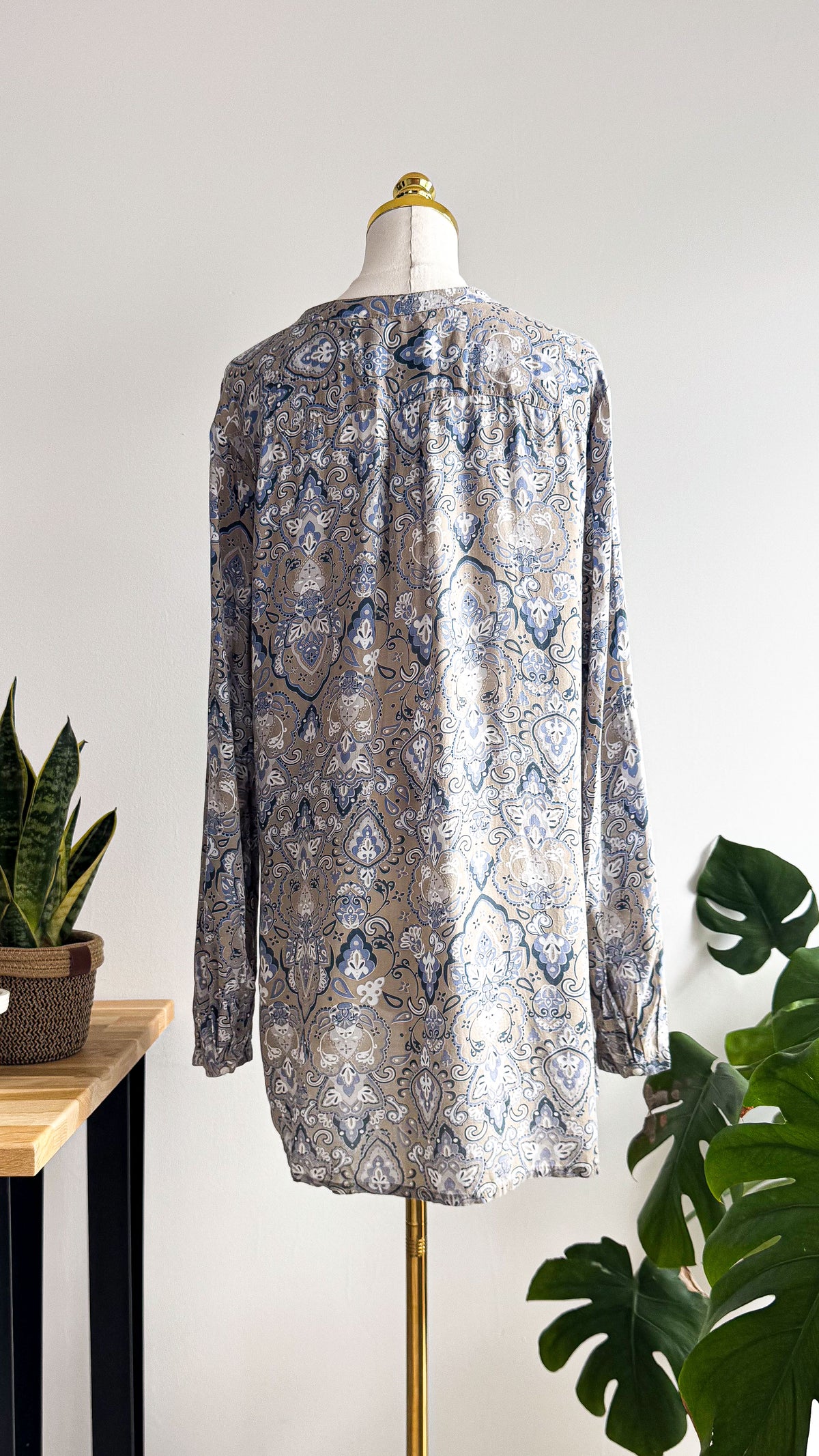 Blouse grande taille PlusWomanTex imprimé bohème beige bleu fluide manches longues XL