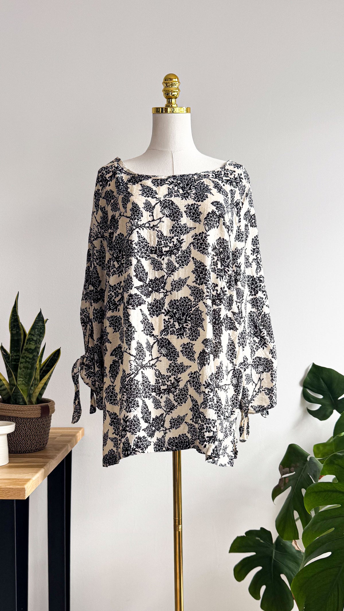 Blouse Gémo grande taille imprimé noir et beige fluide manches longues XXL