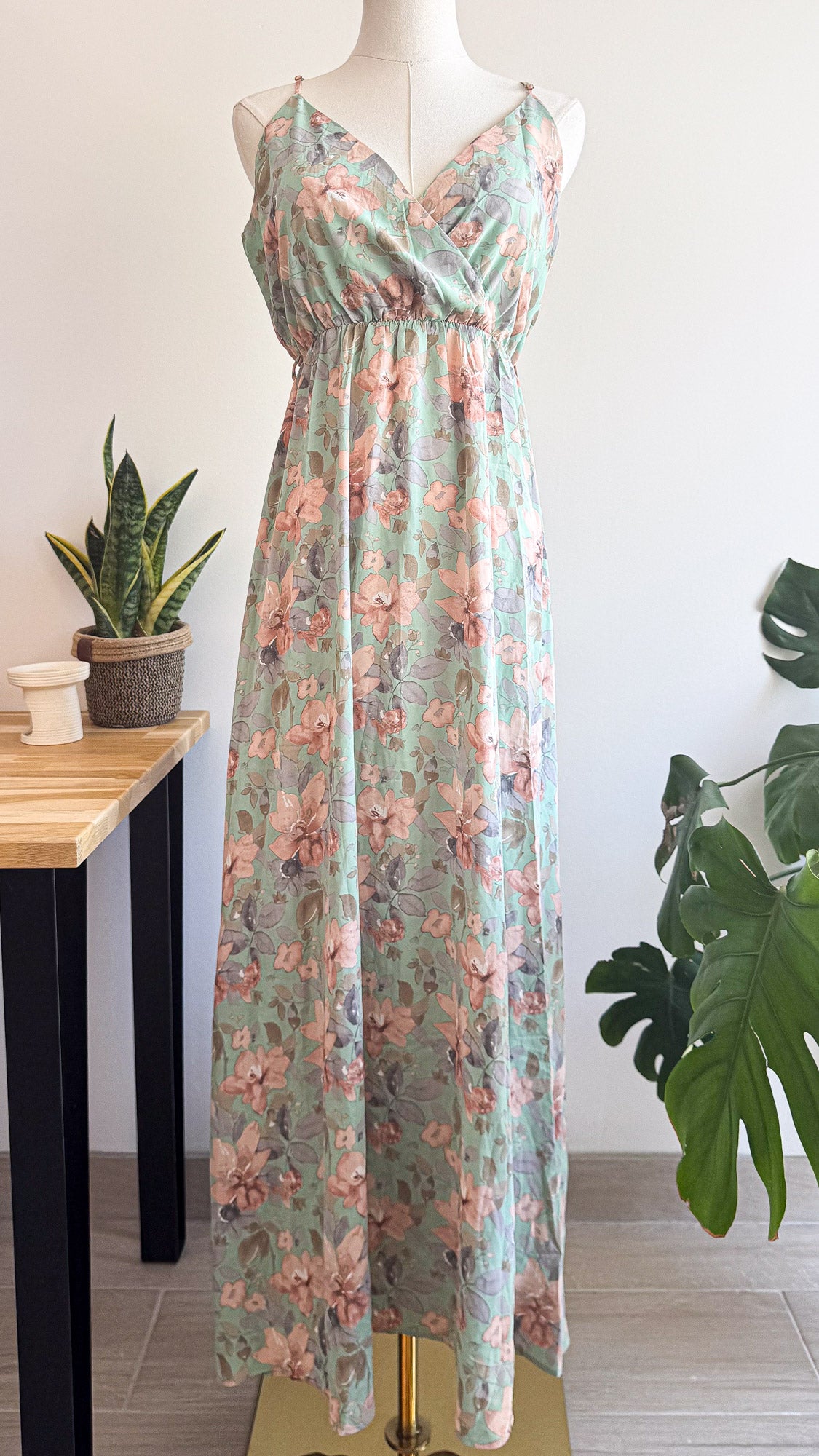 Robe longue fleurie vert sauge Emma Ella Paris T.S boho mariage été