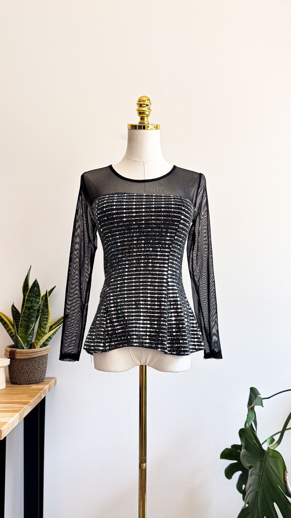 Top soirée femme XS noir sequins mesh transparent chic