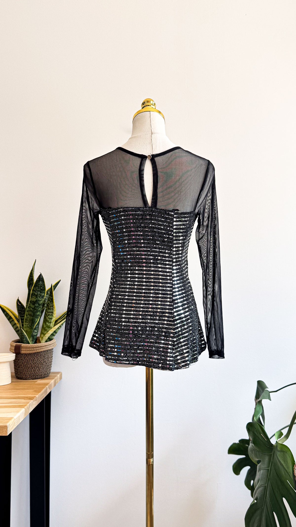 Top soirée femme XS noir sequins mesh transparent chic