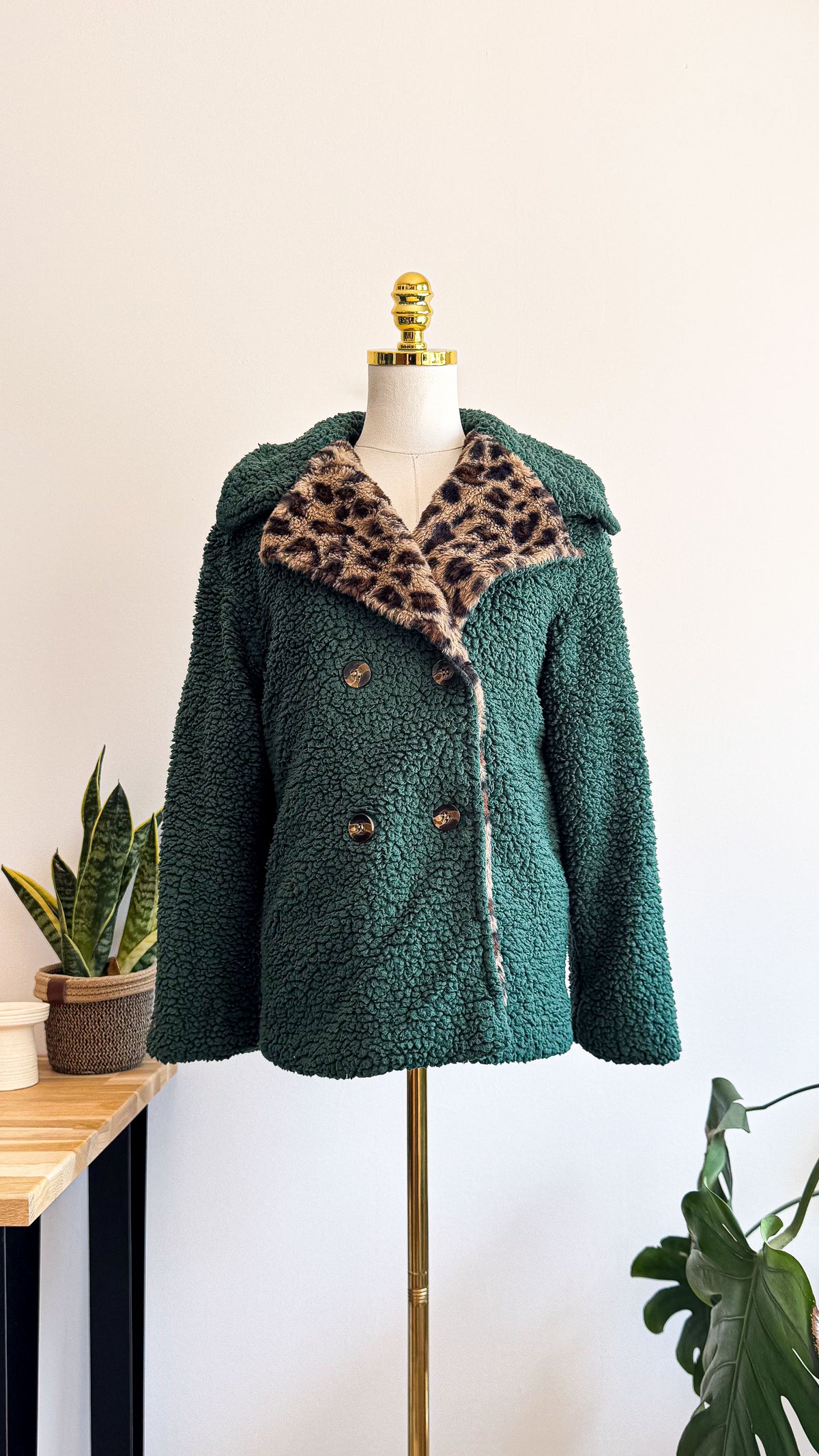 Manteau teddy femme S vert sapin col léopard boutonné