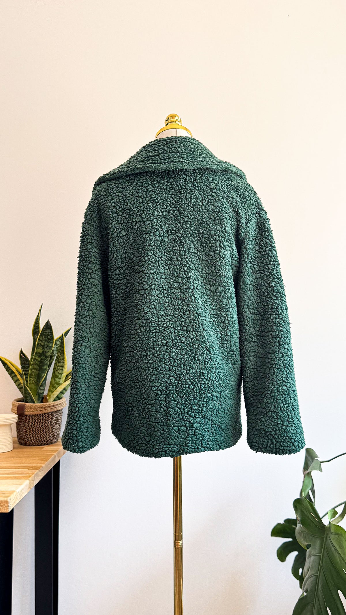 Manteau teddy femme S vert sapin col léopard boutonné