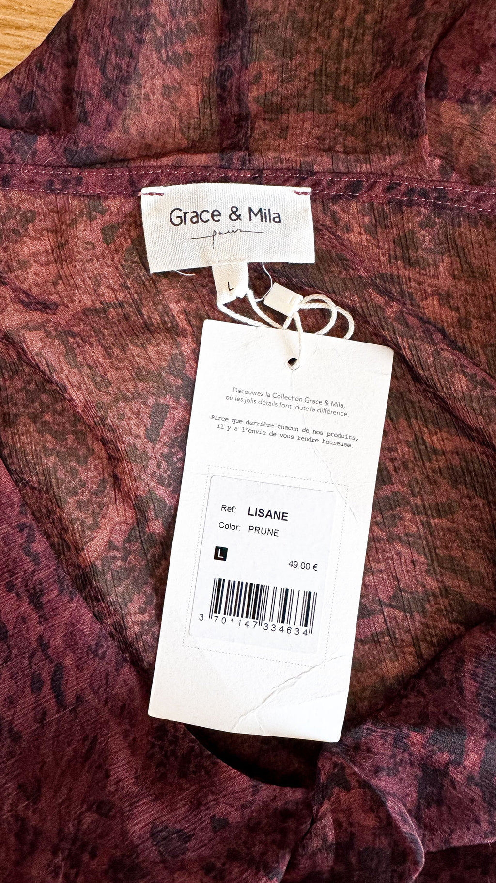 Blouse Grace & Mila Lisane prune L neuve étiquette voile