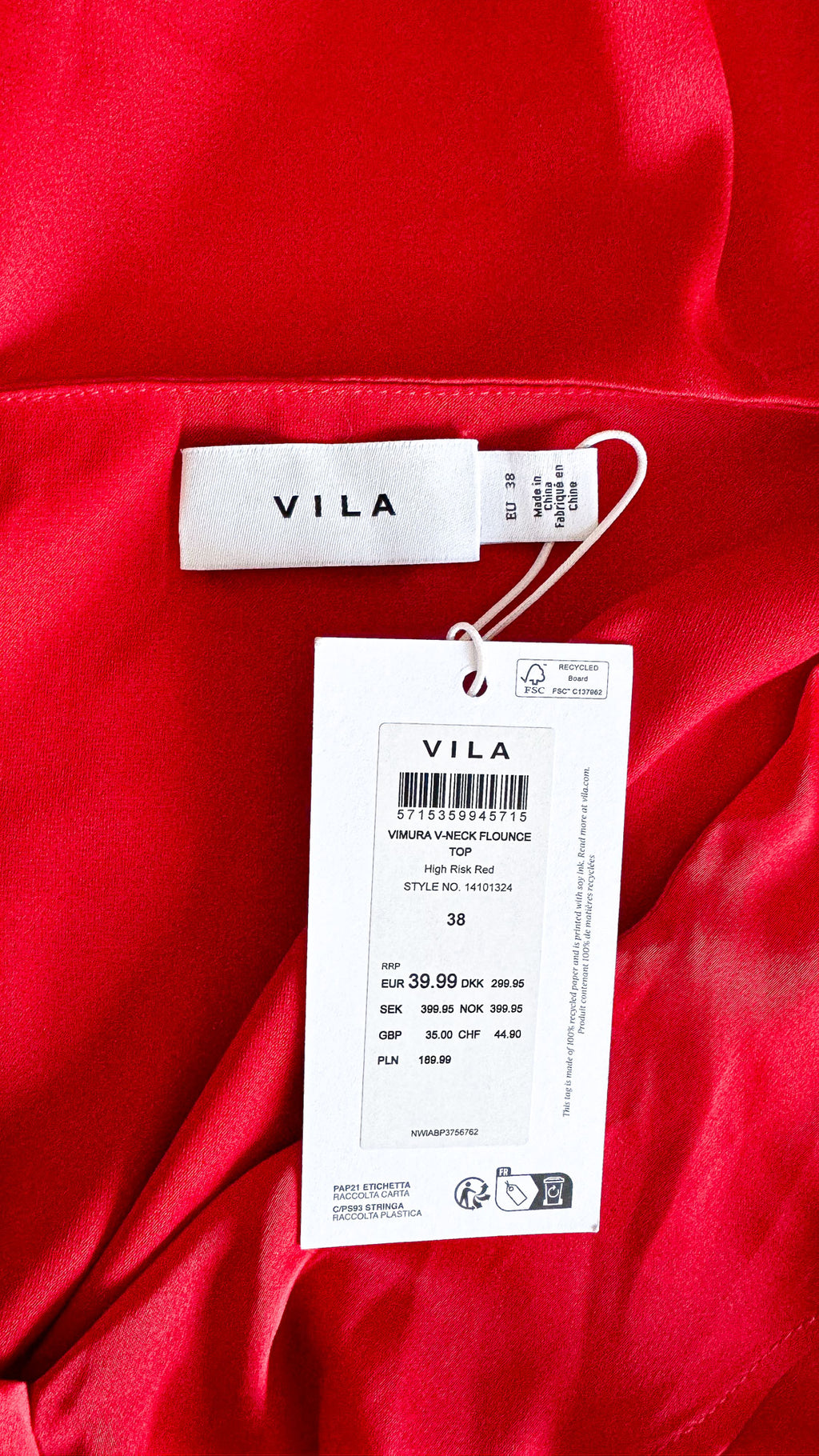Blouse Vila Vimura rouge satin T38 neuve étiquette col V