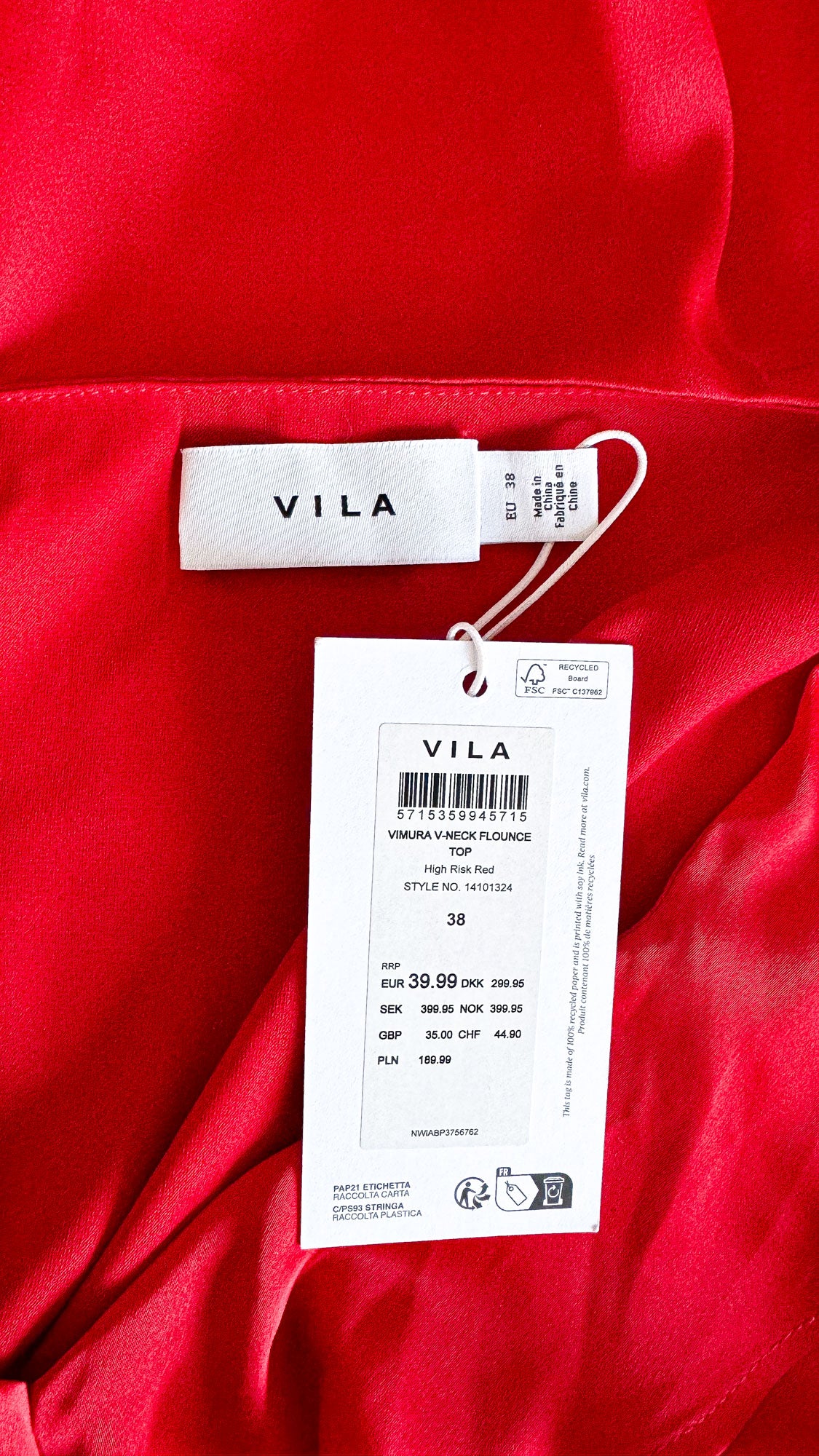 Blouse Vila Vimura rouge satin T38 neuve étiquette col V