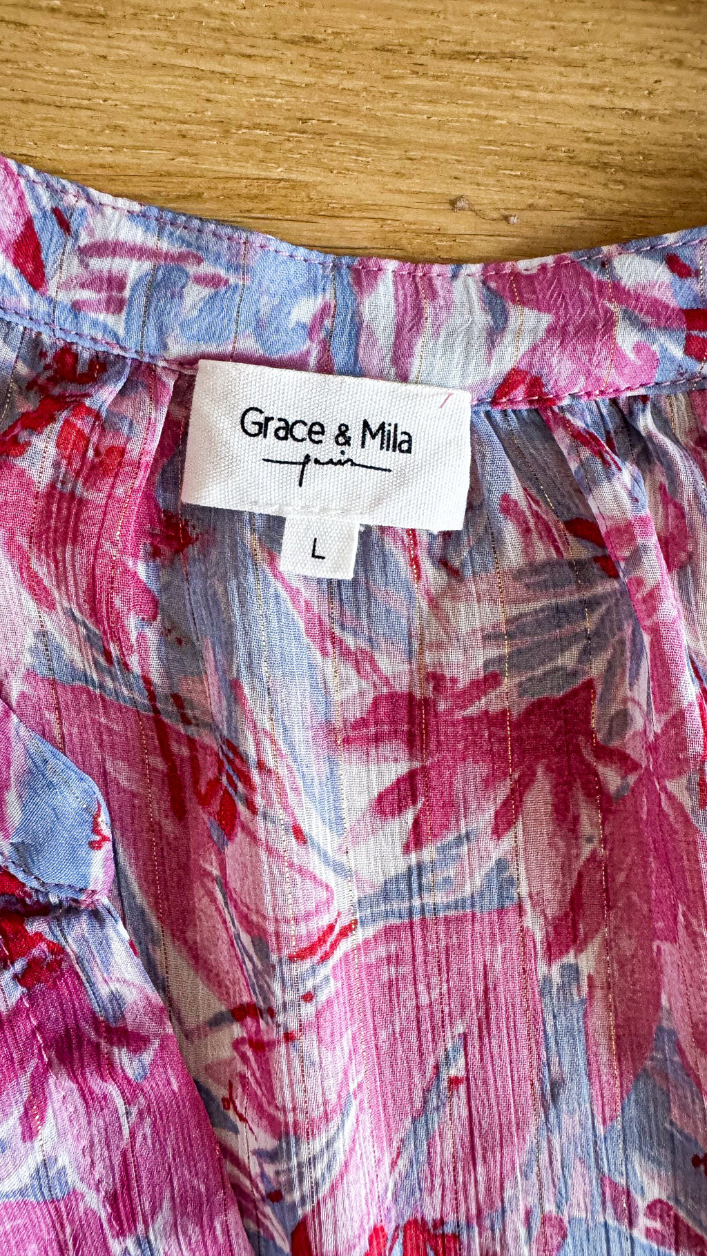 Blouse Grace & Mila rose fleurs L col volanté voile