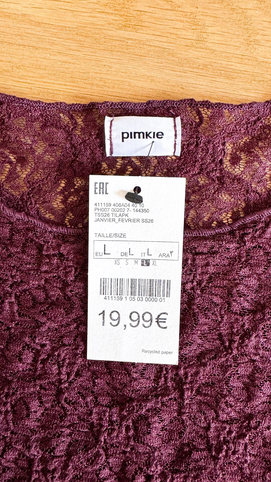 Haut dentelle Pimkie prune L neuf étiquette évasées