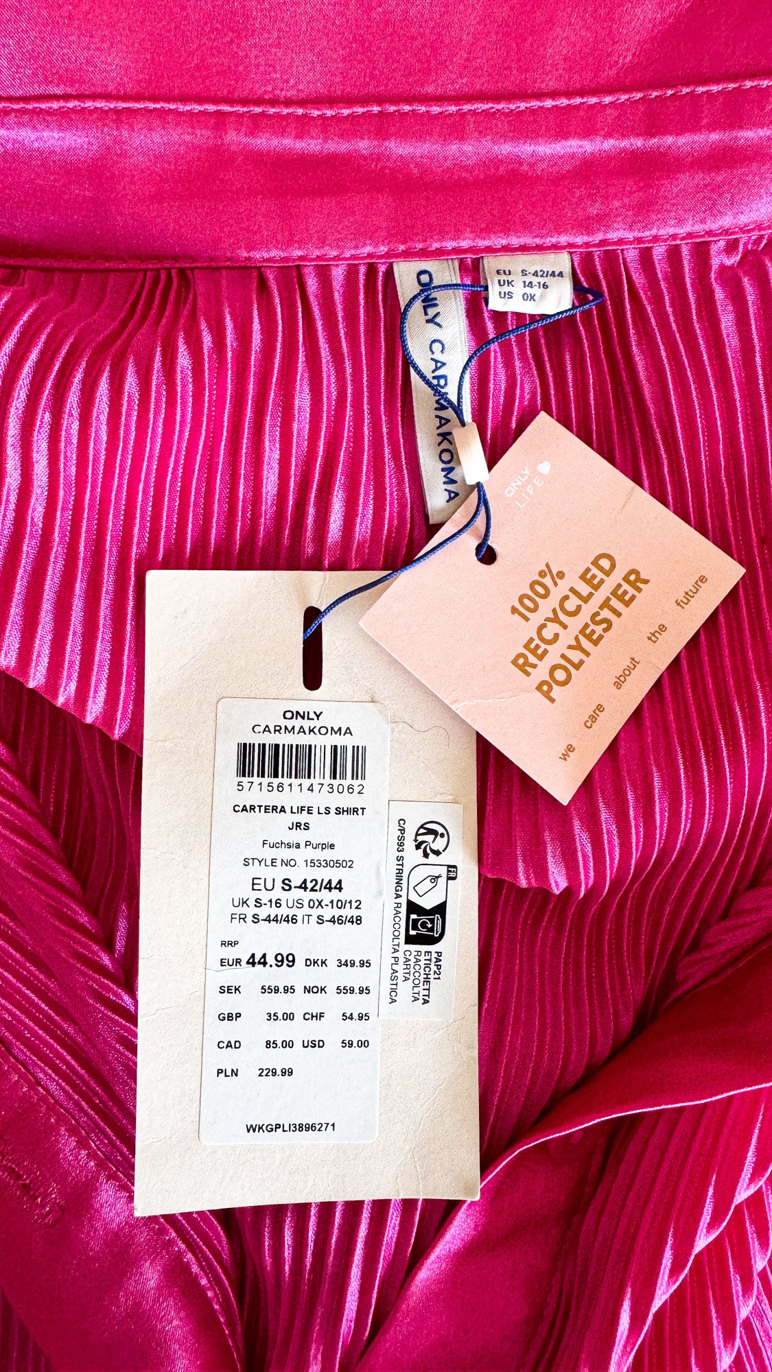 Chemise Only Carmakoma fuchsia 42/44 plissée neuve