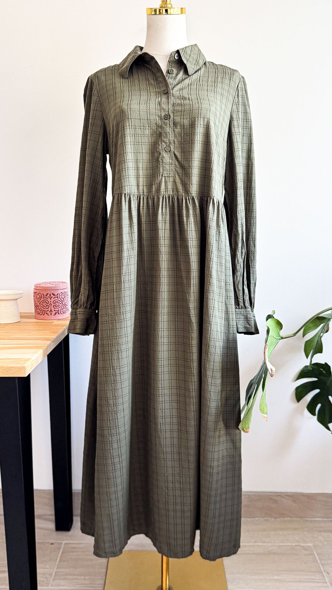 Robe chemise longue carreaux kaki 38 - Marks & Spencer