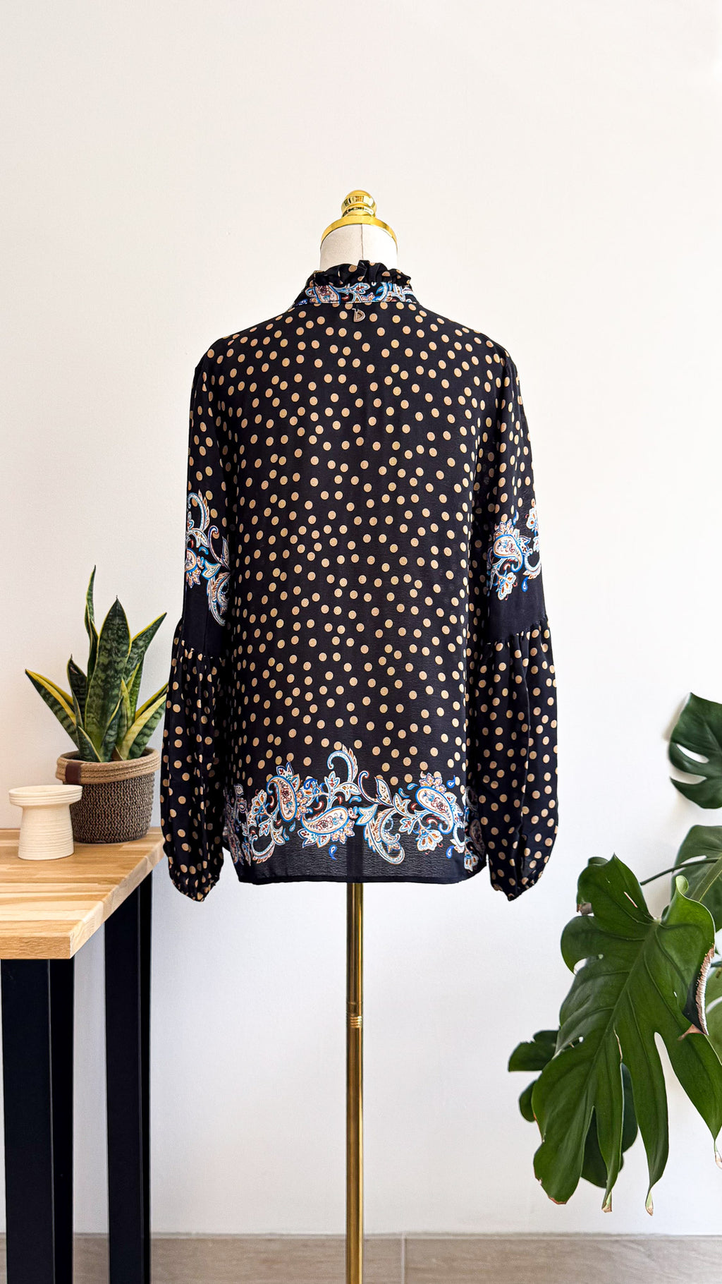Dixie black paisley print polka dot pussy bow blouse size S