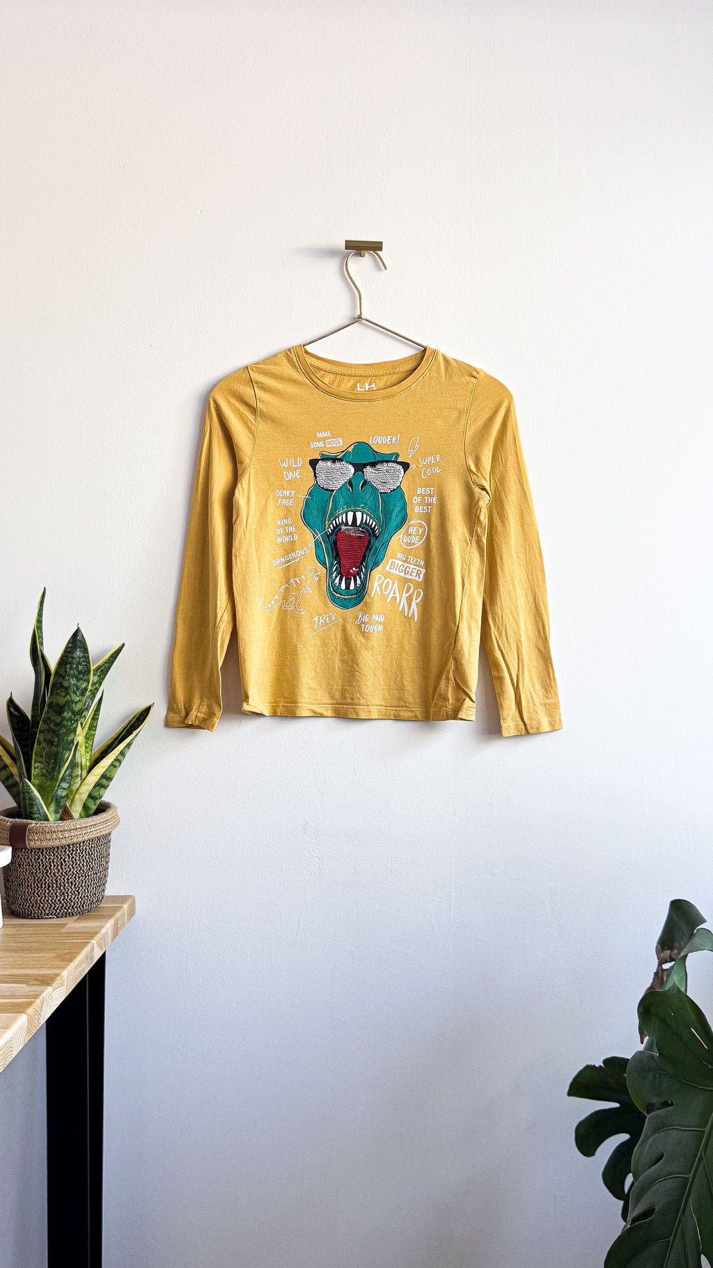 T-shirt ML jaune moutarde T-Rex sequins 10 ans - La Halle
