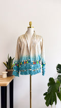 Veste bohème XL beige bleu franges pompons sequins 100% coton