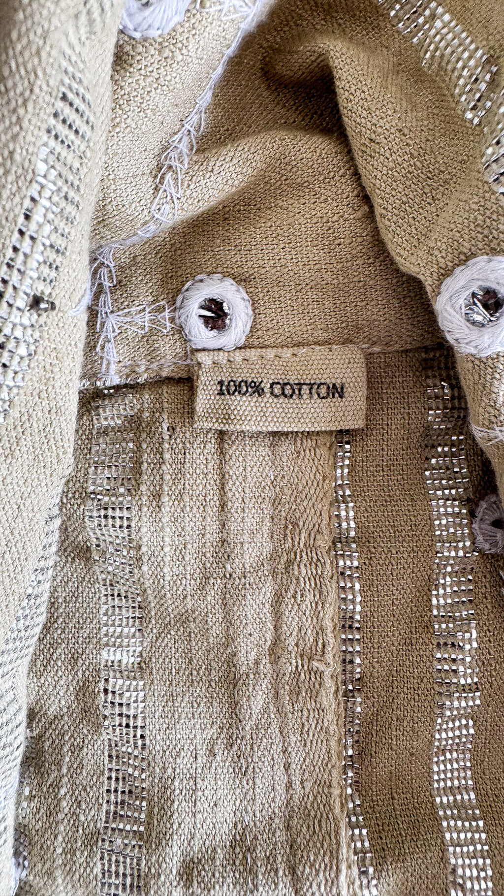 Veste bohème XL beige bleu franges pompons sequins 100% coton