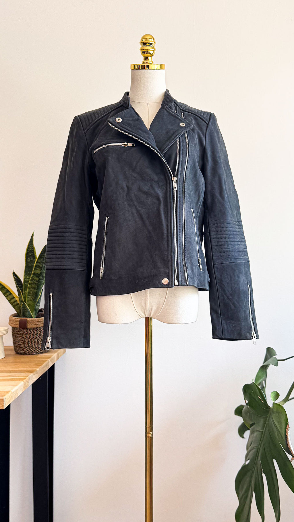 Veste cuir Caroll bleu pétrole perfecto zippée taille 42
