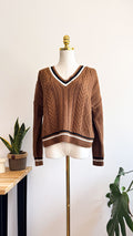 Cache Cache women's sweater S/M brown cable knit striped V-neck
