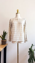 Ecru textured boat neck sweater with drawstrings, tagless