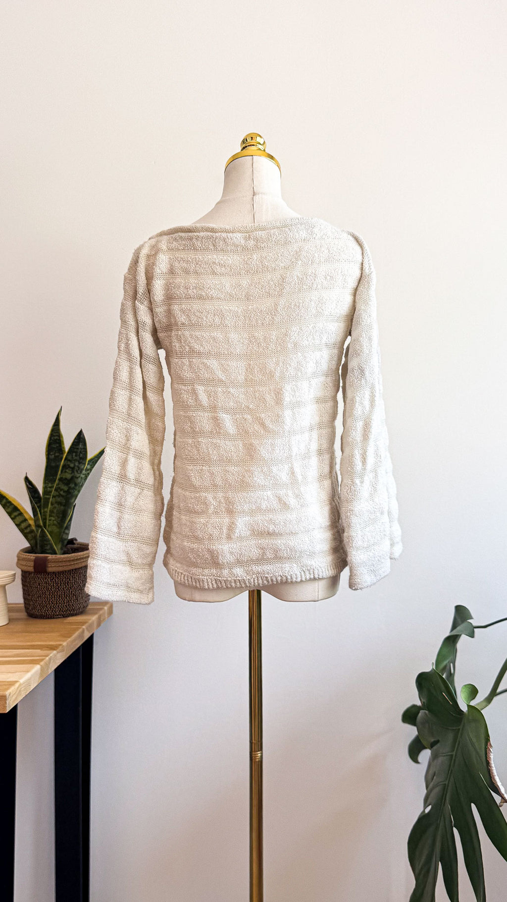 Ecru textured boat neck sweater with drawstrings, tagless