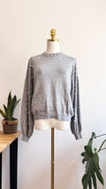 Stylish grey pearl sweater round neck puff sleeves