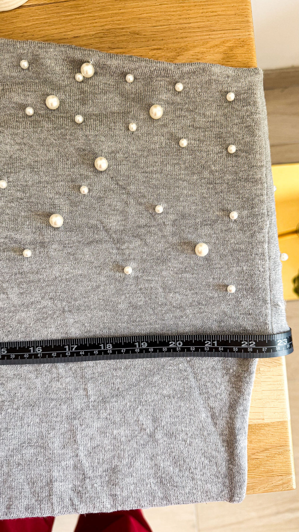 Stylish grey pearl sweater round neck puff sleeves