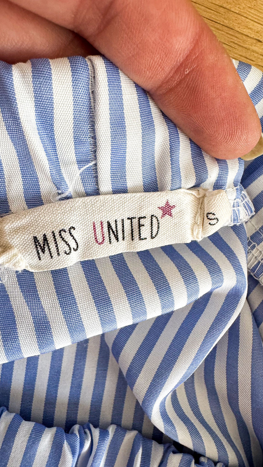 Miss United striped blue and white off-the-shoulder blouse S