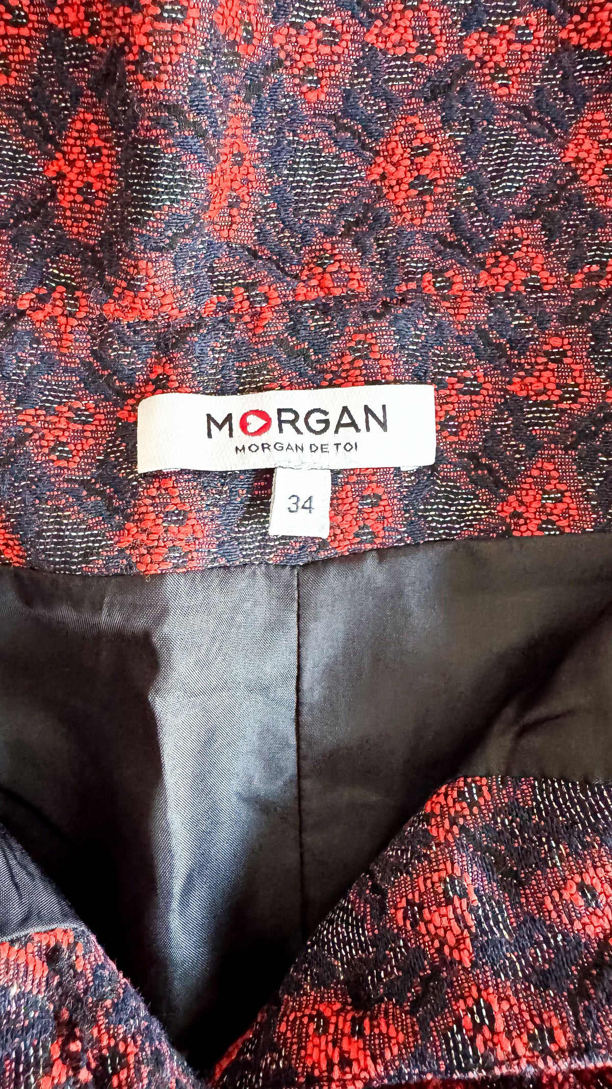 Jupe jacquard rouge/noir taille haute boucle 34 - Morgan