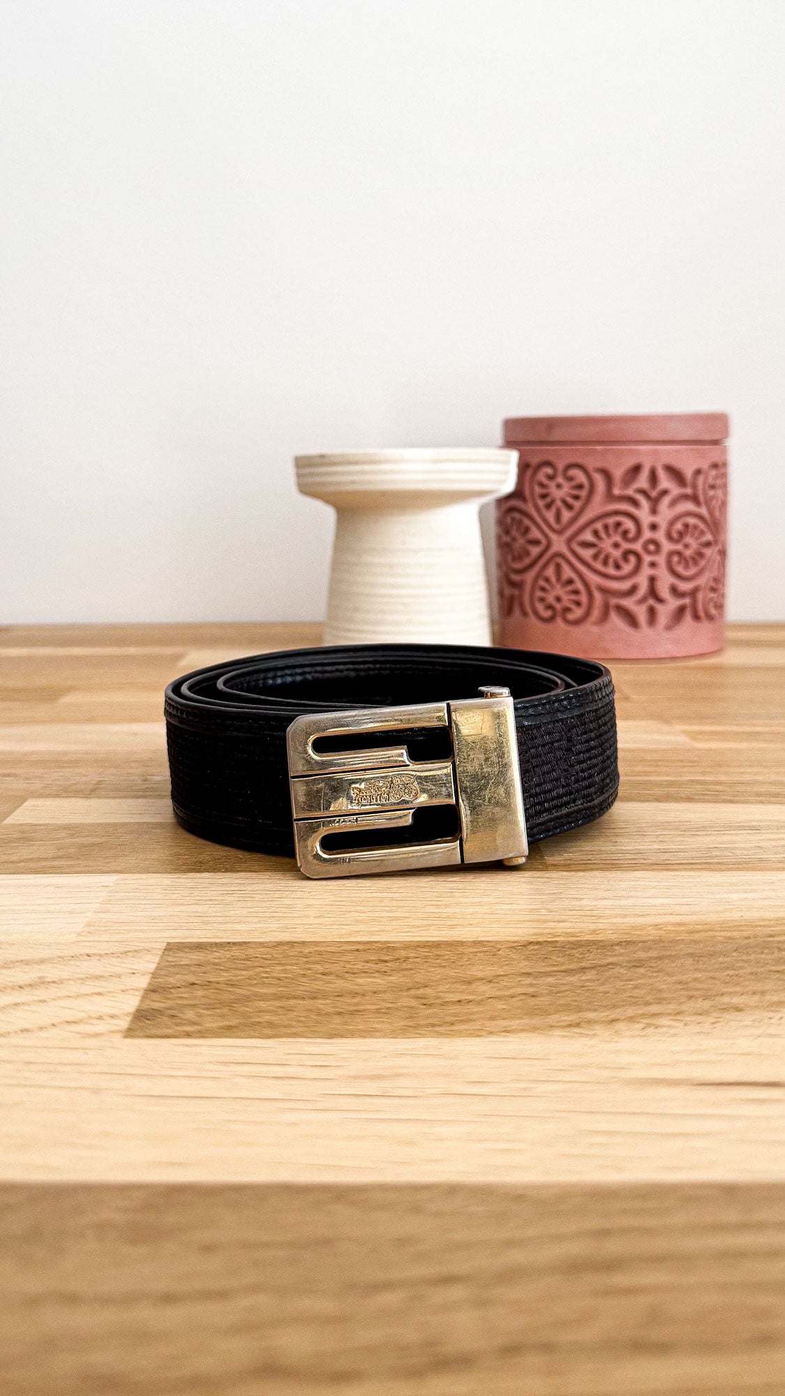 Ceinture vintage crin de cheval noire boucle dorée 90cm