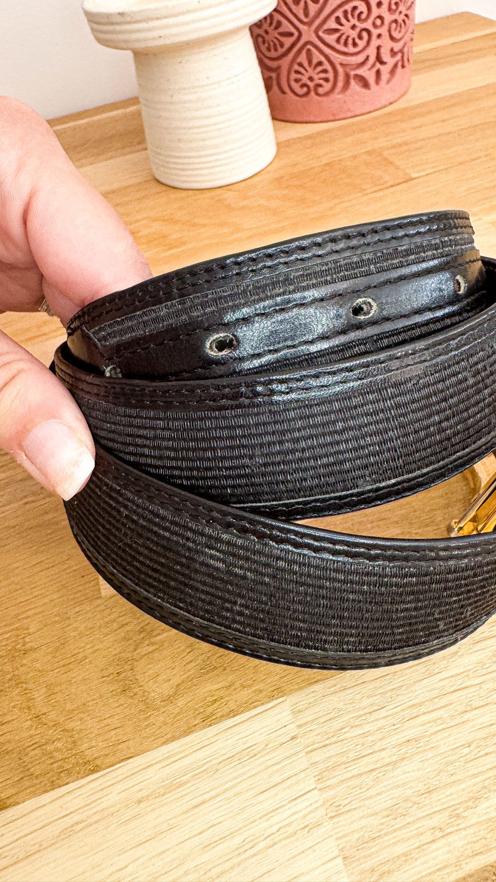 Ceinture vintage crin de cheval noire boucle dorée 90cm