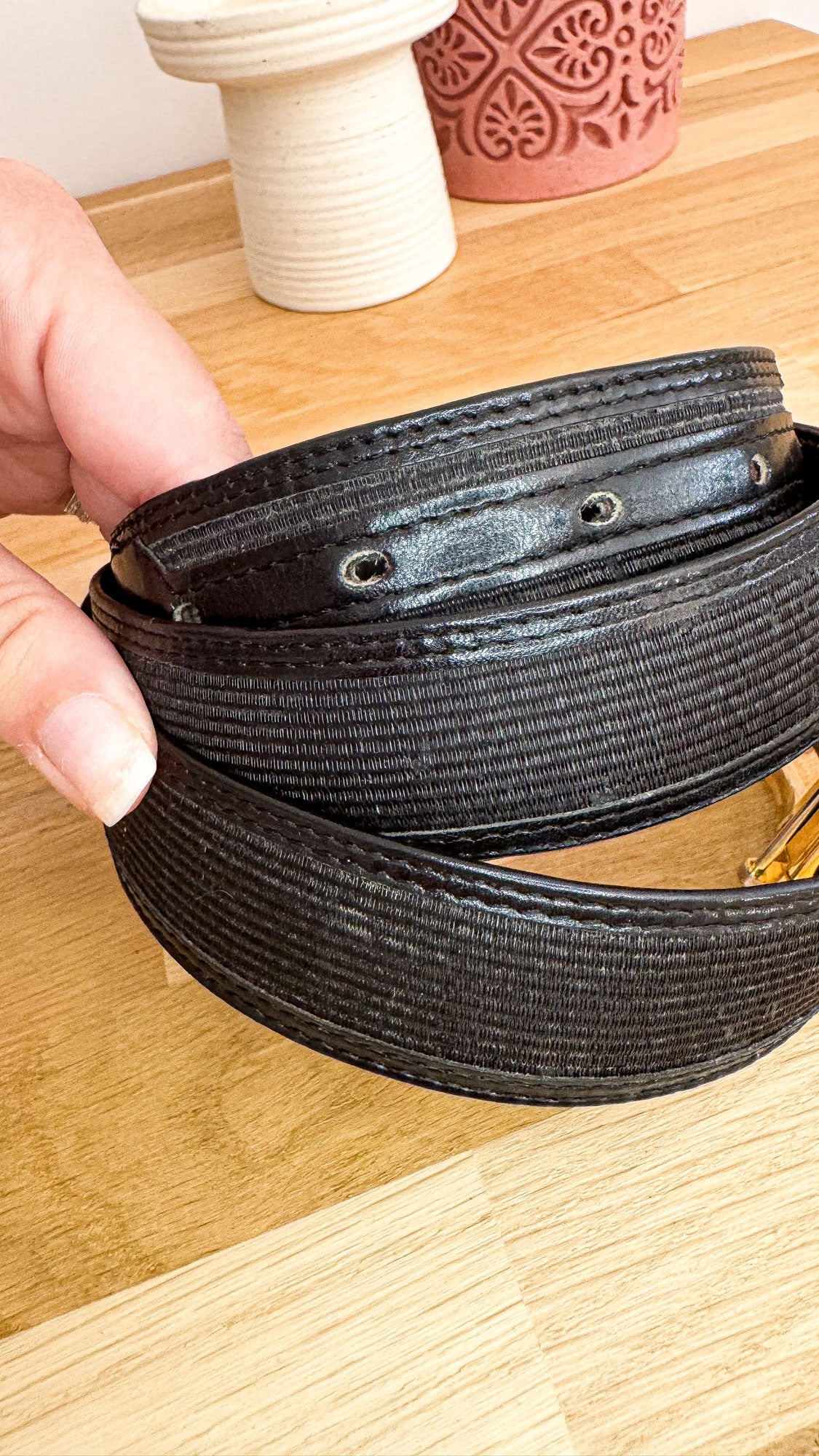 Ceinture vintage crin de cheval noire boucle dorée 90cm