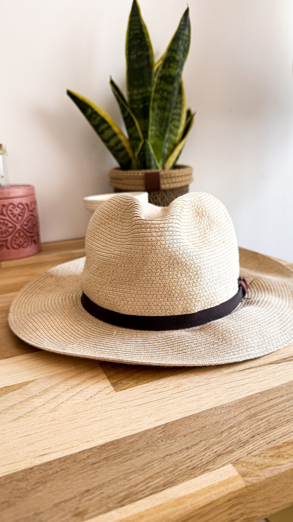 Chapeau fedora paille beige taille 55 ruban cuir vintage